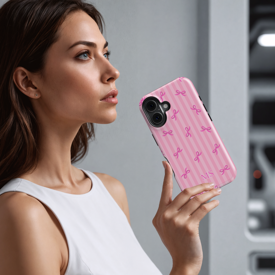 Custom Pink iPhone Case with Ribbon Pattern and Monogram – Girly Personalized Protective Cover


