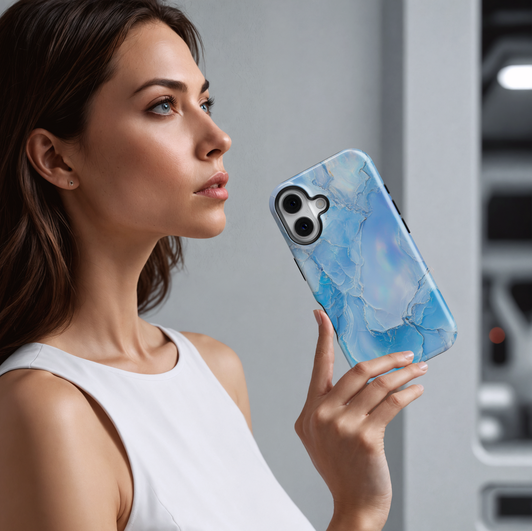 Light blue opal marble iPhone case with shimmer finish – compatible with iPhone 16 Pro, 15, 14 Plus, Galaxy S24 Ultra, and MagSafe.