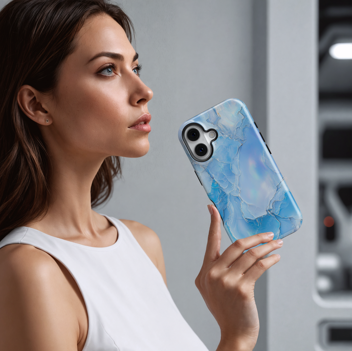 Light blue opal marble iPhone case with shimmer finish – compatible with iPhone 16 Pro, 15, 14 Plus, Galaxy S24 Ultra, and MagSafe.