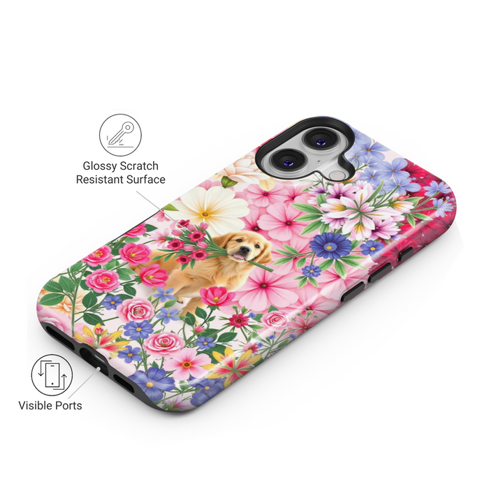 Adorable floral iPhone case featuring a golden retriever puppy holding a bouquet, surrounded by vibrant pink, blue, and white flowers for a dreamy, whimsical aesthetic.