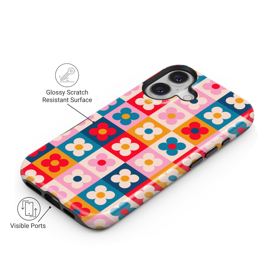 Phone 16 case for women with colorful retro checkerboard floral design, MagSafe compatible groovy daisy pattern phone case, bright and playful protective cover