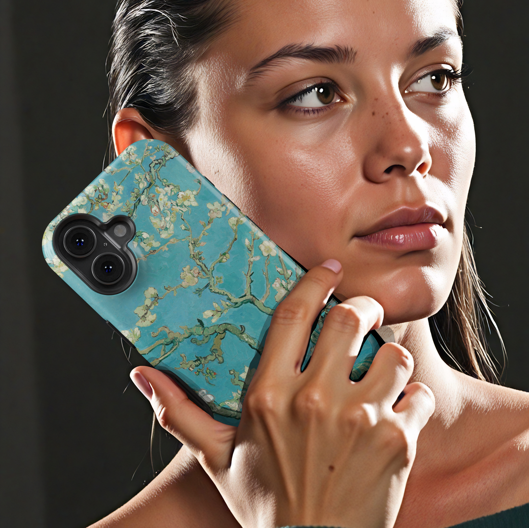 Blue almond blossom floral iPhone tough case with delicate white flowers and painterly botanical branches