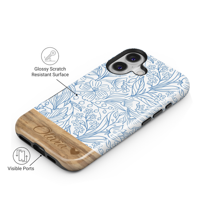 Personalized Blue Floral Phone Case, Custom Name Engraved Cover, Elegant Botanical Line Art Design, Rustic Wood Accent, Stylish iPhone 16 Case, Google Pixel 9 Pro, Galaxy S25, Slim Protective Case, Shockproof Durable Cover
