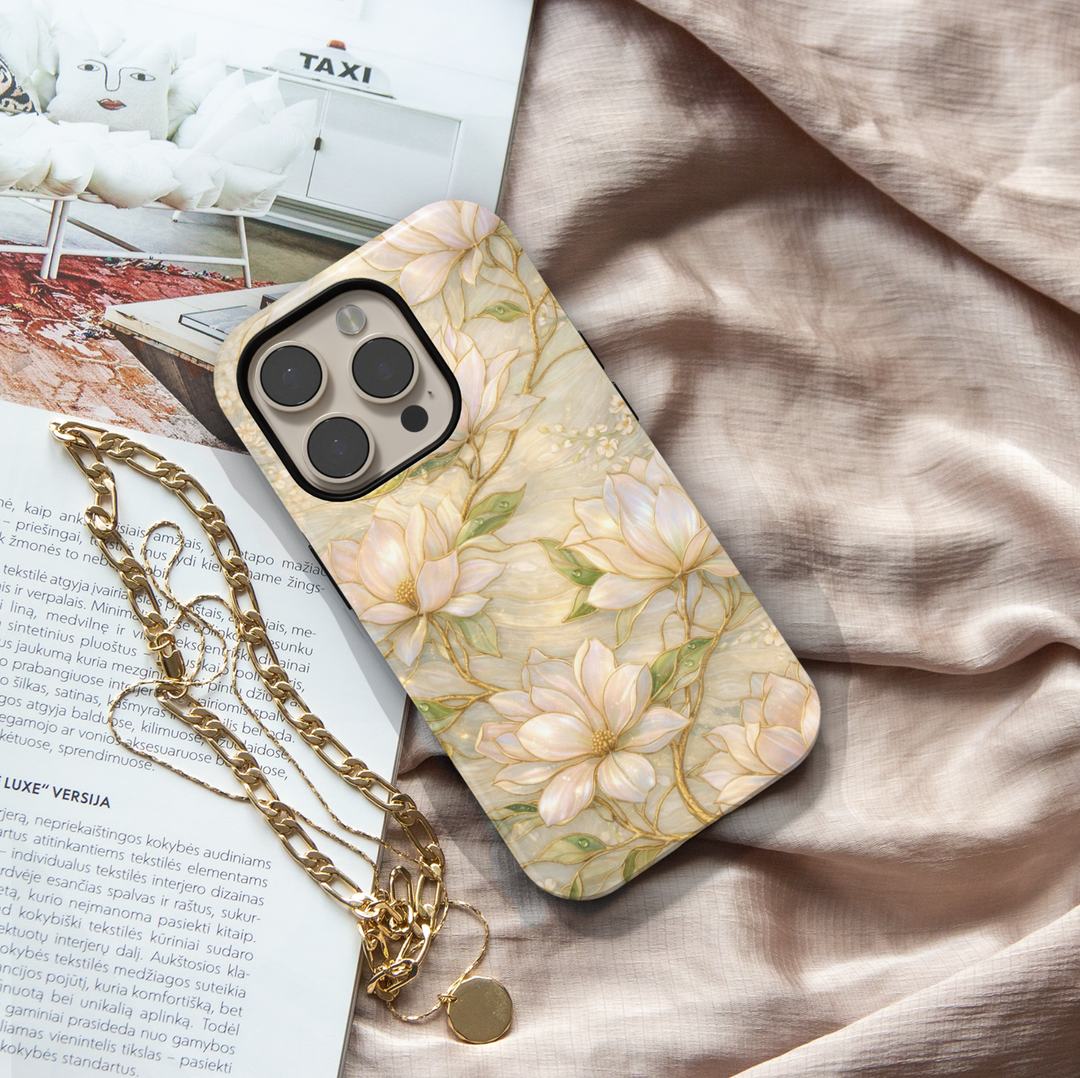 Elegant pastel floral phone case with gold botanical outlines and soft marble background, protective tough case for iPhone and Samsung Galaxy