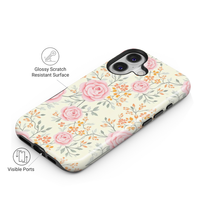Vintage floral iPhone case with soft pink roses and delicate orange blossoms on a cream background, perfect for a romantic cottagecore aesthetic.