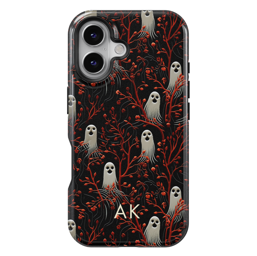 Black iPhone Case with Ghost and Red Branches – MagSafe Compatible Monogram iPhone 16 Pro Max Case for Women