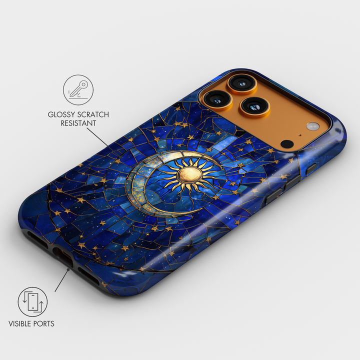 Blue celestial phone case with stained glass sun and crescent moon surrounded by gold stars