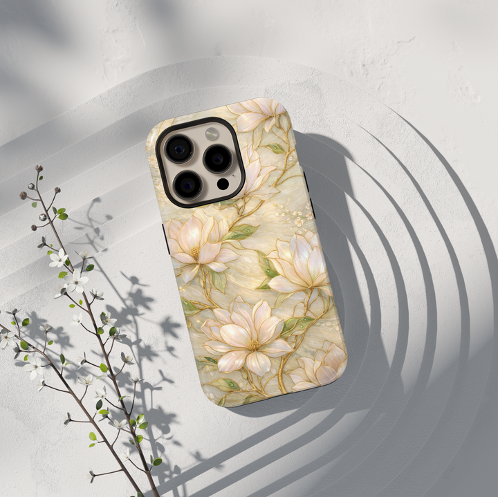 Elegant pastel floral phone case with gold botanical outlines and soft marble background, protective tough case for iPhone and Samsung Galaxy