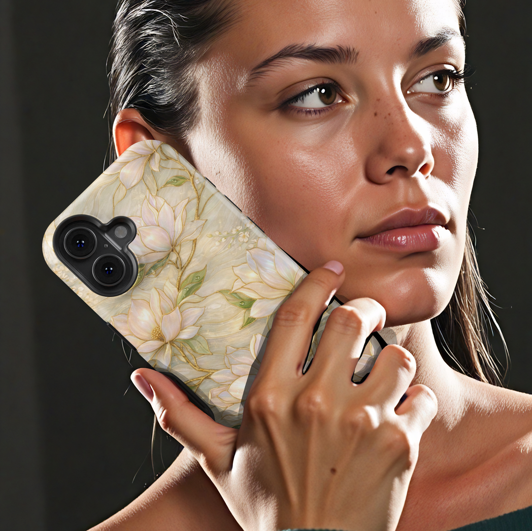 Elegant pastel floral phone case with gold botanical outlines and soft marble background, protective tough case for iPhone and Samsung Galaxy