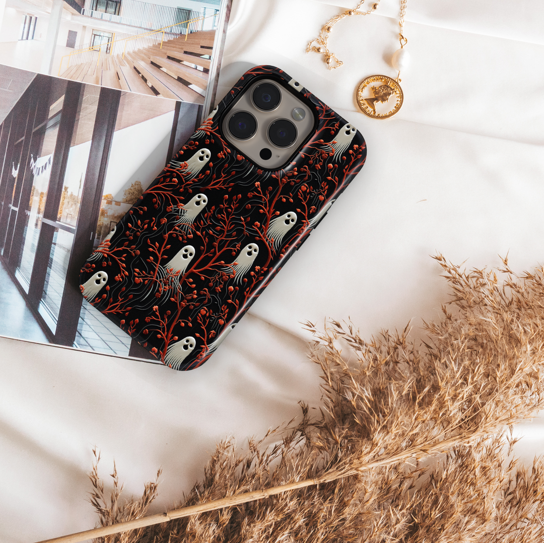 Black iPhone Case with Ghost and Red Branches – MagSafe Compatible Monogram iPhone 16 Pro Max Case for Women