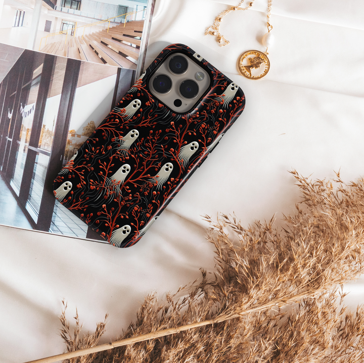 Black iPhone Case with Ghost and Red Branches – MagSafe Compatible Monogram iPhone 16 Pro Max Case for Women