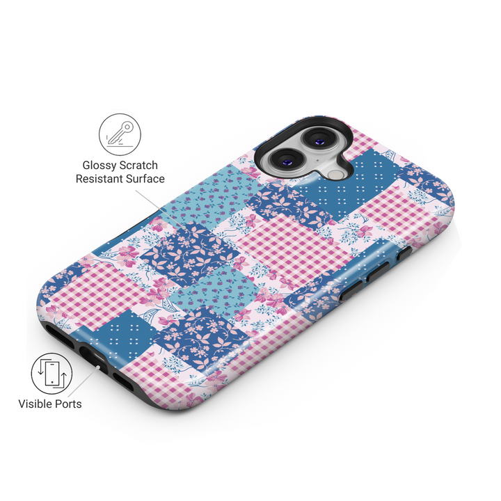 Vintage-inspired patchwork iPhone case featuring blue and pink floral patterns, gingham prints, and a quilted aesthetic for a cozy country look.