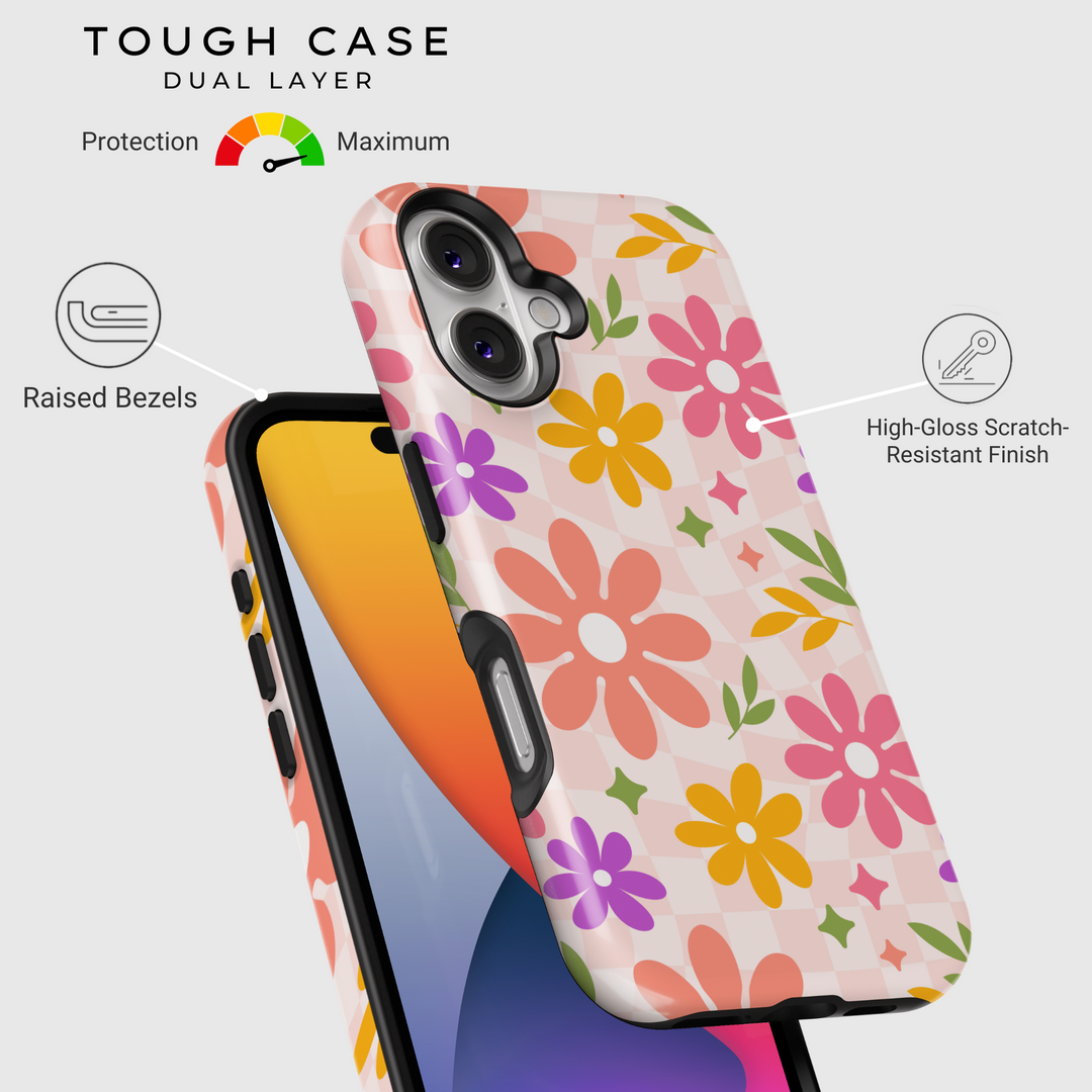 Colorful retro floral iPhone case with wavy checkered background, featuring pink, yellow, and purple flowers for a groovy aesthetic.