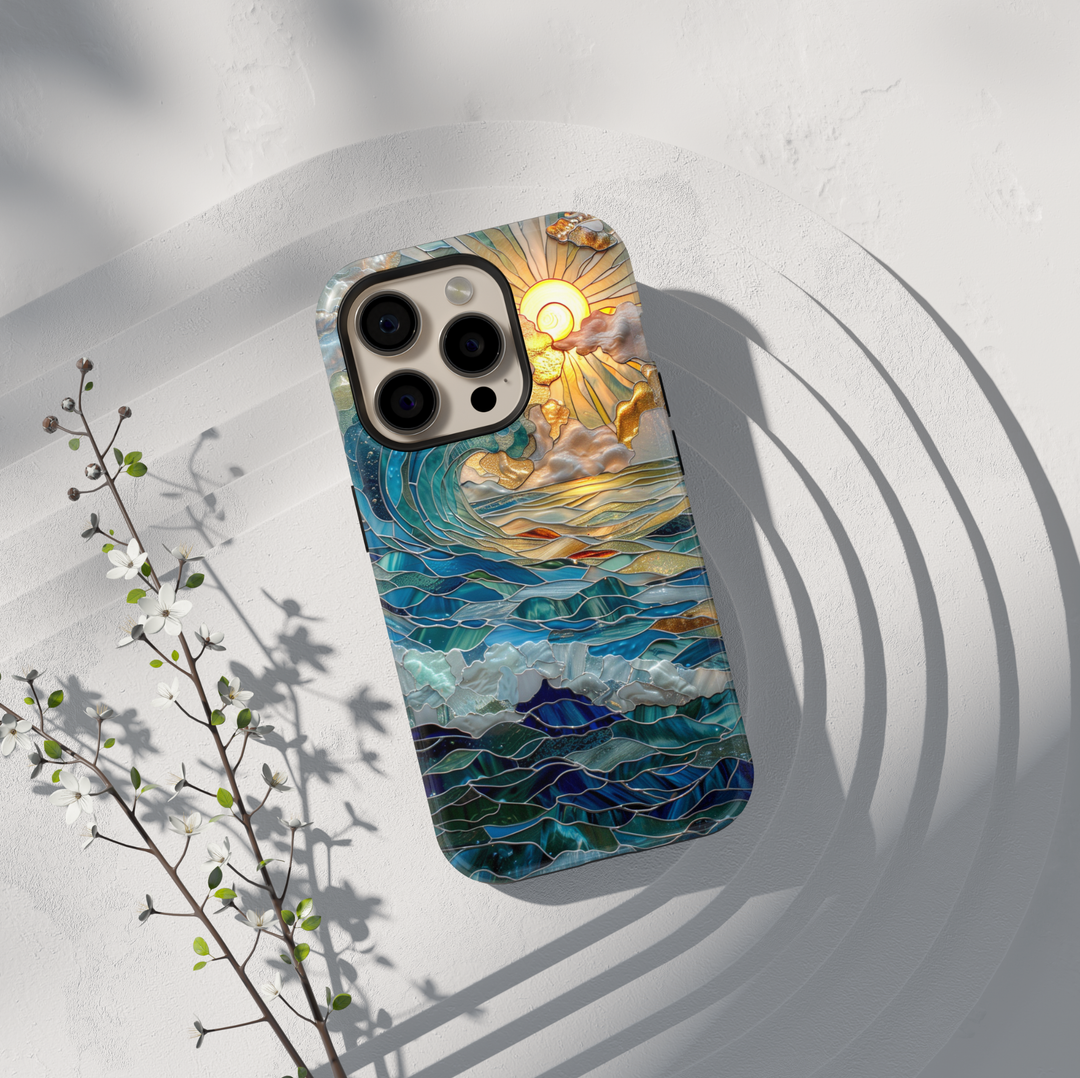 Ocean inspired stained glass art phone case with layered blue waves and golden sun on a protective iPhone and Samsung Galaxy phone case for women