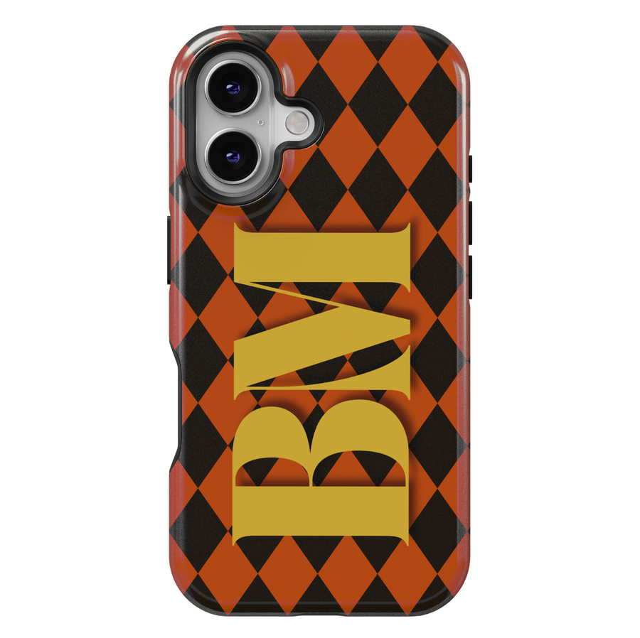 Burnt Orange Diamond Check iPhone Case with Bold Gold Monogram – MagSafe iPhone 16 Pro Max Case for Women