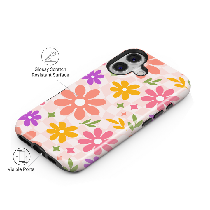 Colorful retro floral iPhone case with wavy checkered background, featuring pink, yellow, and purple flowers for a groovy aesthetic.