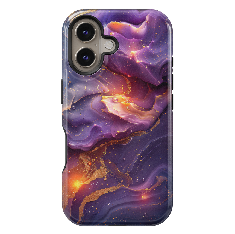 Purple swirl abstract iPhone case with golden accents and cosmic glow – stylish and protective cover for iPhone 16, 15, 14 Pro & Plus with MagSafe support.