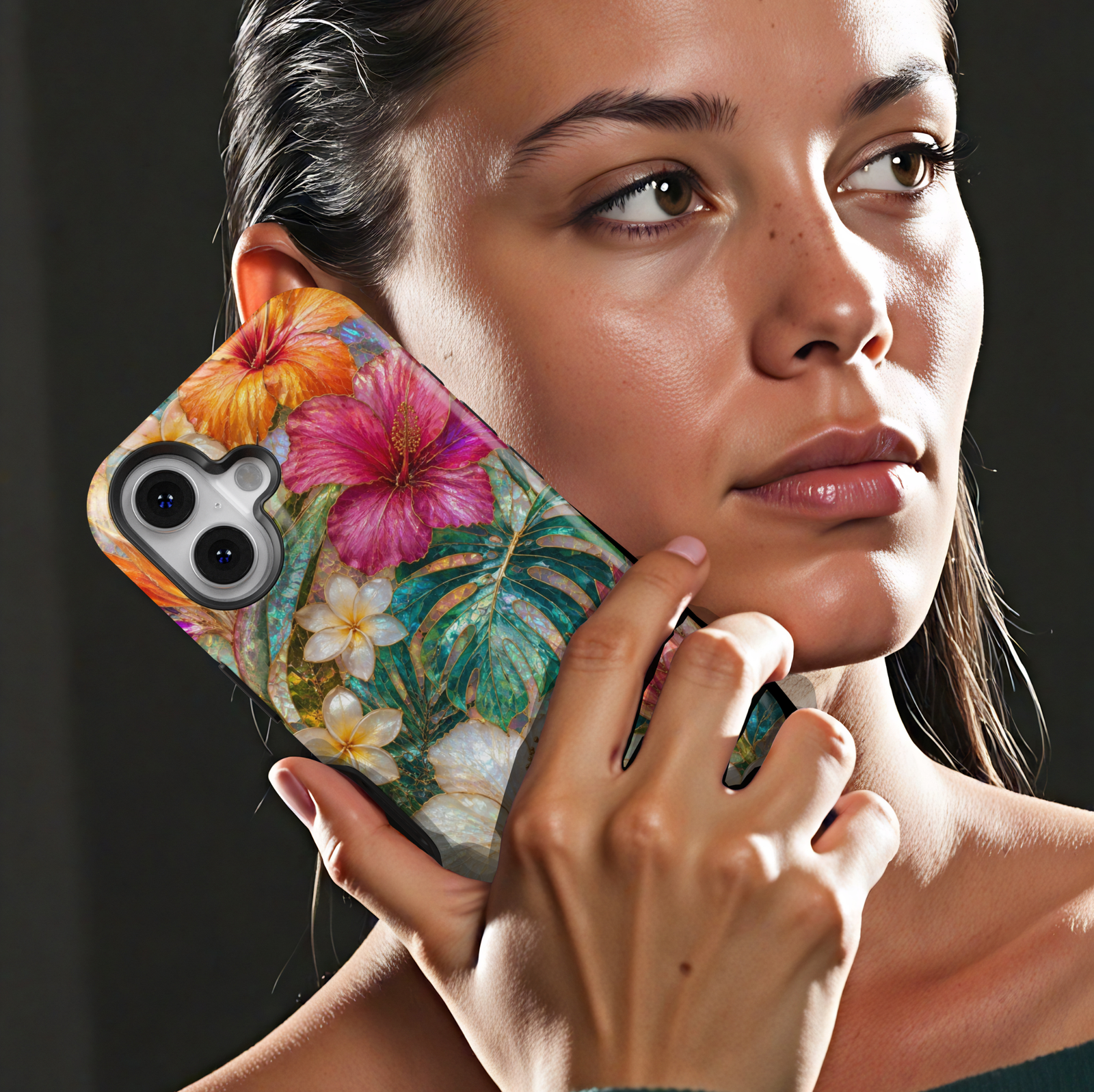 Tropical floral iPhone case featuring hibiscus flowers, plumeria blossoms, protea blooms, and vibrant monstera leaves.