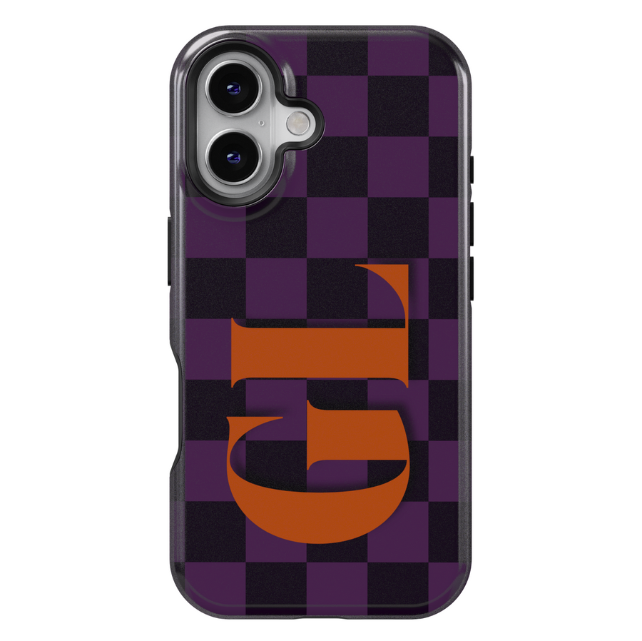 Purple and Black Checkered iPhone Case with Orange Monogram – MagSafe iPhone 16 Pro Max Case for Women