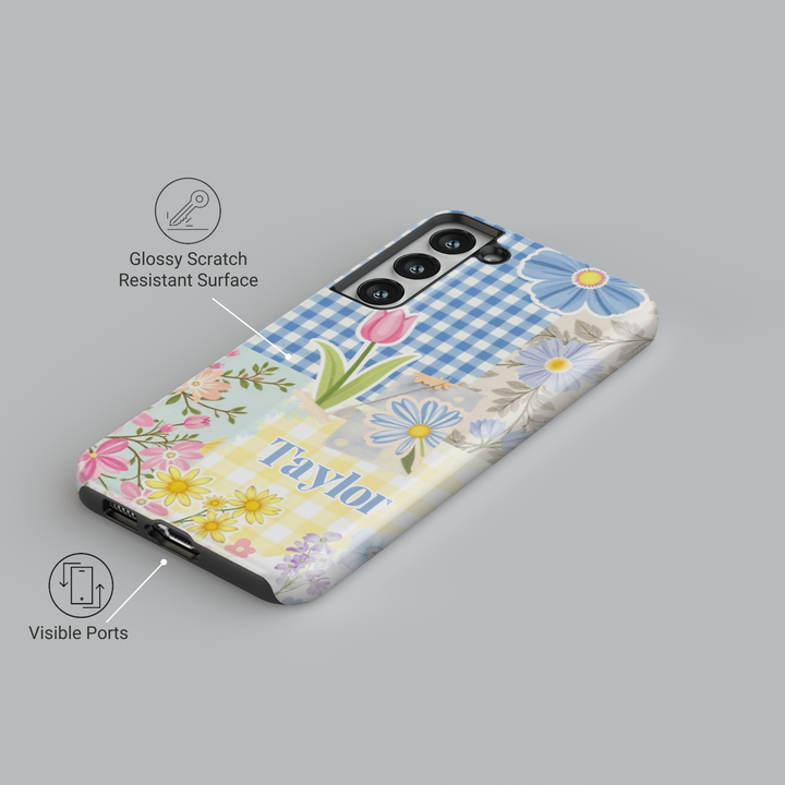 Spring-inspired patchwork Samsung Galaxy phone case with personalized name. Aesthetic floral and gingham design for Galaxy S25 Ultra, S24 FE, and more.