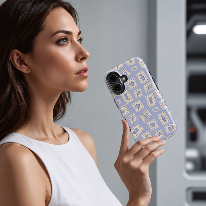 Lavender iPhone Case with Ocean-Inspired Postage Stamps – Cute Seahorse, Shell, and Wave Design for iPhone