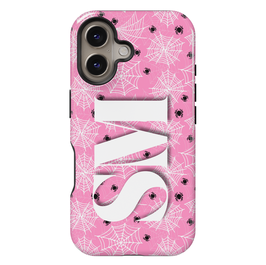 Pink Spiderweb iPhone Case with White Monogram – MagSafe iPhone 16 Pro Max Case for Women