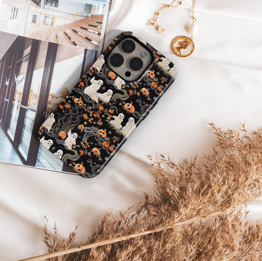 Black iPhone Case with Ghosts, Pumpkins, and Fall Leaves – MagSafe iPhone 16 Pro Max Case for Women

