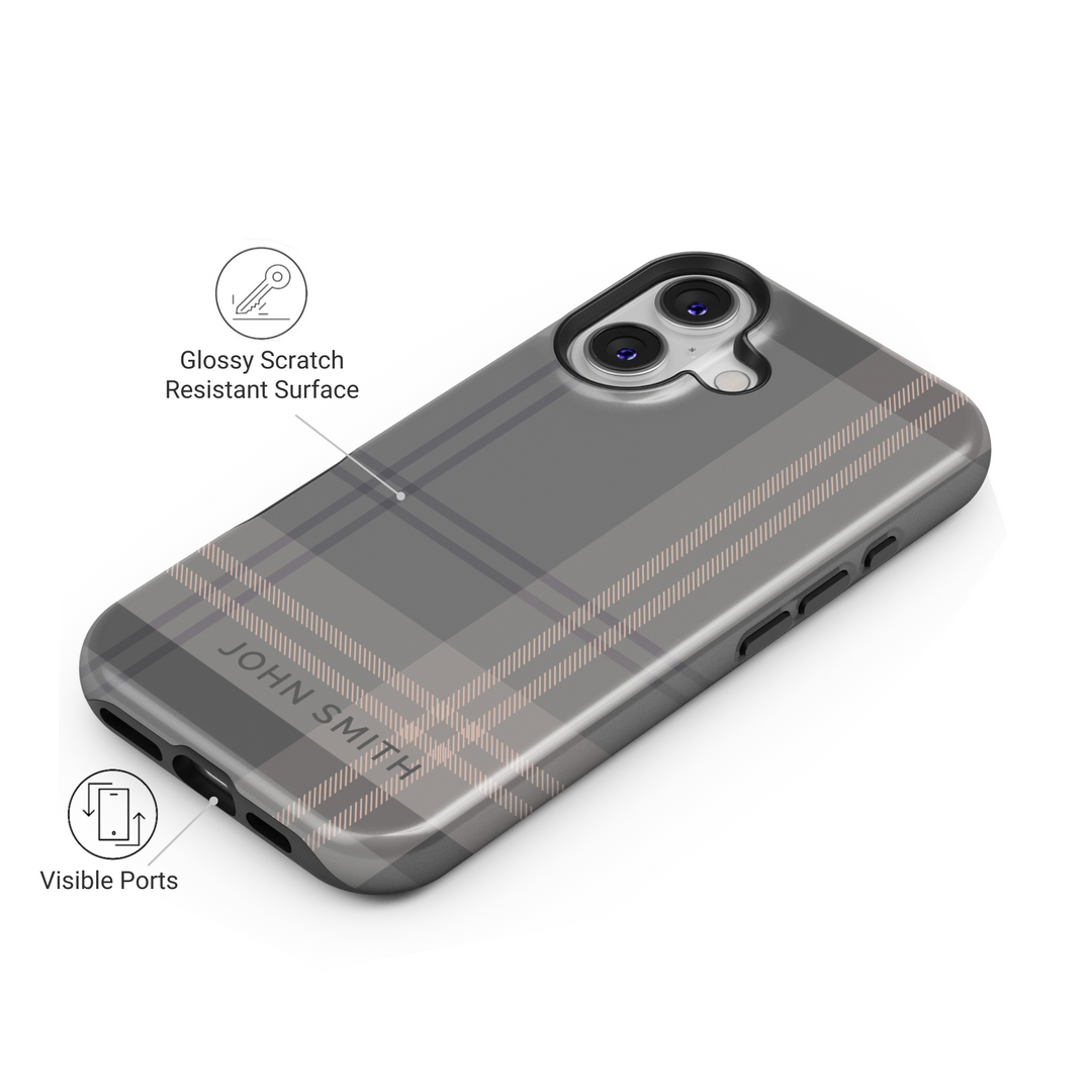 Sleek navy blue striped iPhone case with personalized name. Stylish and modern design for a sophisticated and professional look.