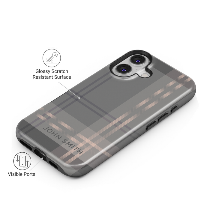 Sleek navy blue striped iPhone case with personalized name. Stylish and modern design for a sophisticated and professional look.