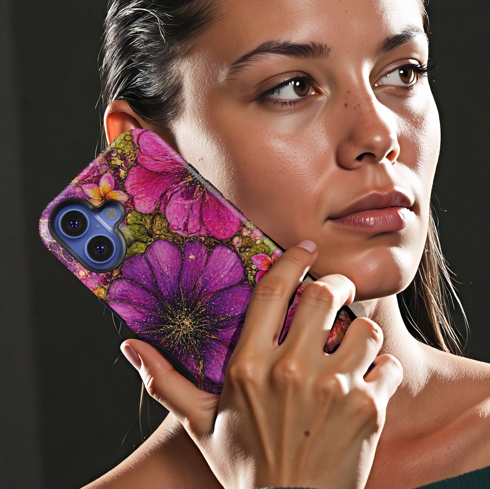 Purple and pink floral iPhone 17 Pro Max case with bold artistic flower design and gold speckled details.