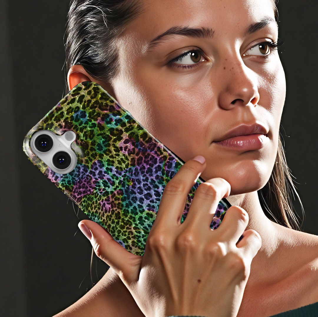 Rainbow leopard print phone case with glossy multicolor animal pattern, vibrant aesthetic protective cover for iPhone and Samsung