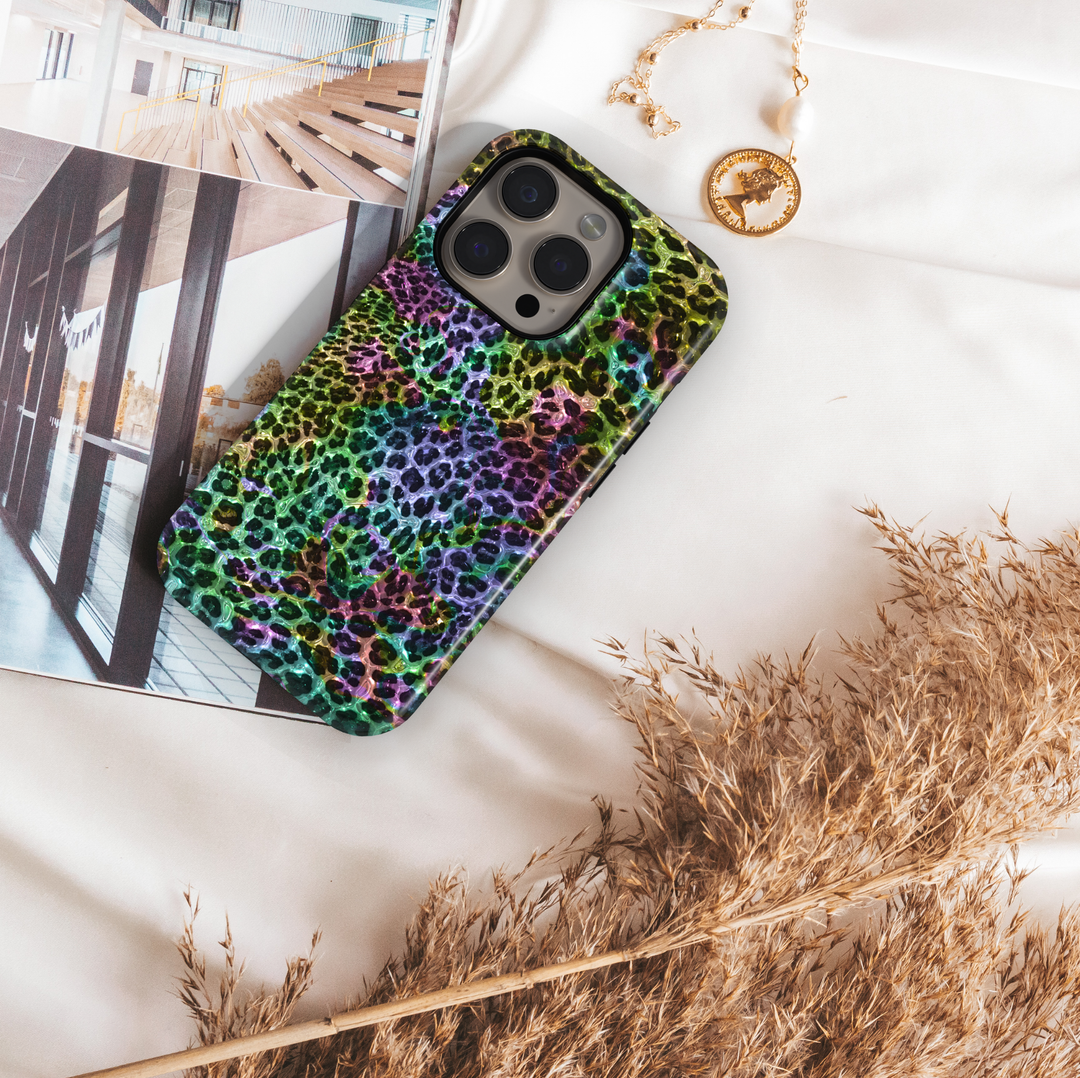Rainbow leopard print phone case with glossy multicolor animal pattern, vibrant aesthetic protective cover for iPhone and Samsung