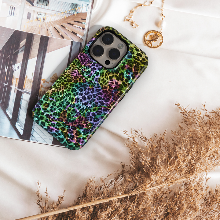 Rainbow leopard print phone case with glossy multicolor animal pattern, vibrant aesthetic protective cover for iPhone and Samsung