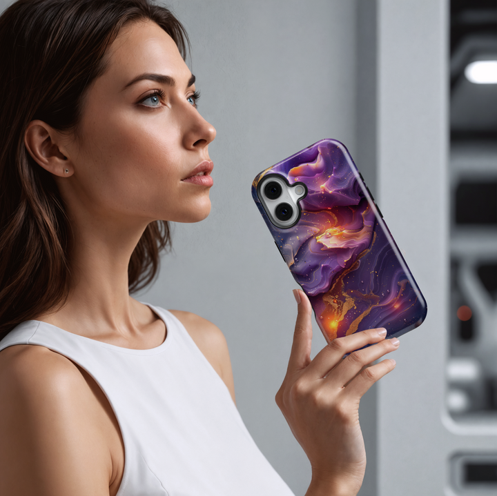 Purple swirl abstract iPhone case with golden accents and cosmic glow – stylish and protective cover for iPhone 16, 15, 14 Pro & Plus with MagSafe support.