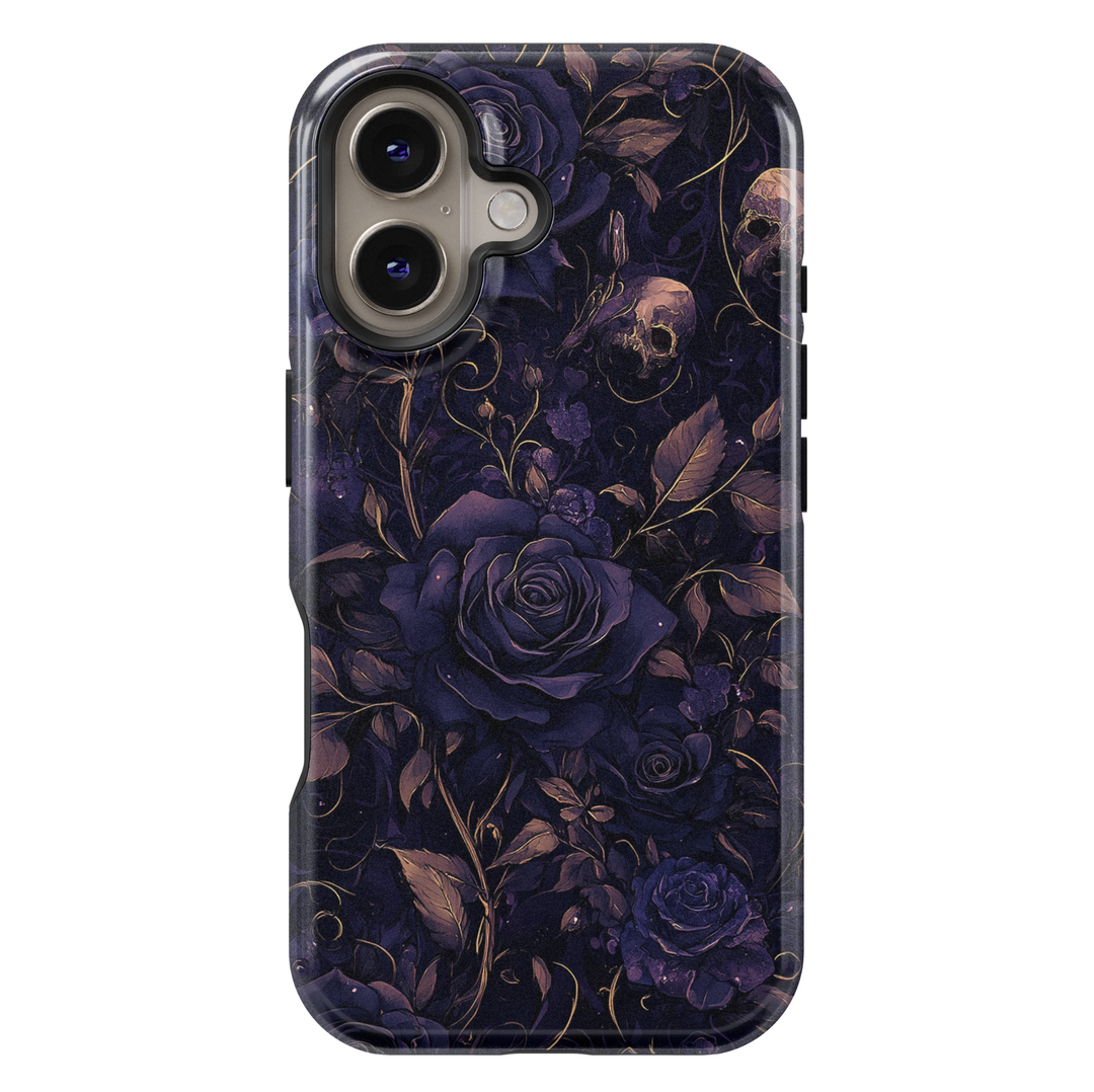 Gothic Halloween phone case with dark purple roses, vintage skull accents, moody floral pattern, spooky fall aesthetic cover for iPhone.