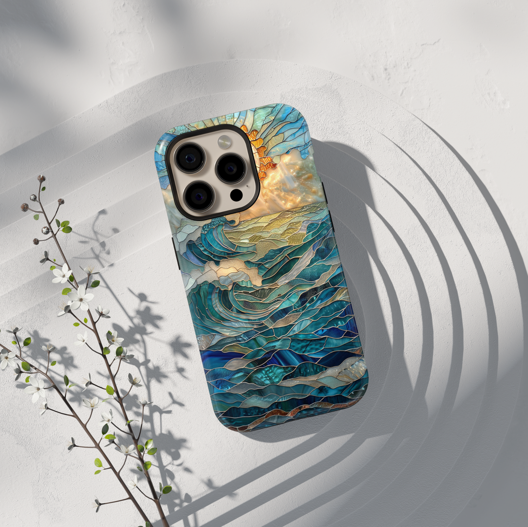Ocean sunrise stained glass art phone case with blue waves and golden sun on a protective iPhone and Samsung Galaxy phone case
