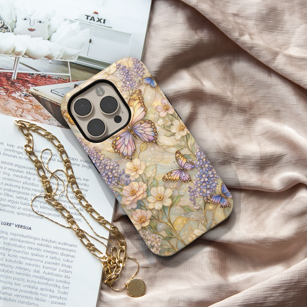 Elegant butterfly floral phone case with pastel flowers and gold botanical detailing, protective tough case for iPhone and Samsung Galaxy