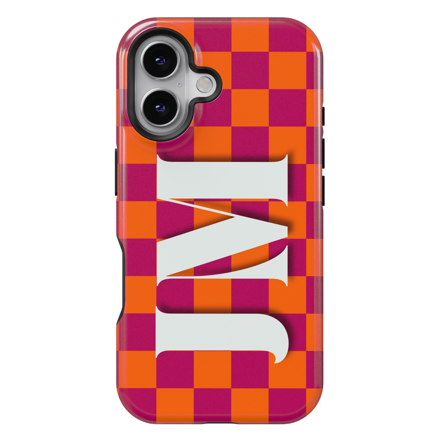 Magenta and Orange Checkered iPhone Case with White Monogram – MagSafe Compatible iPhone 16 Pro Max Case for Women
