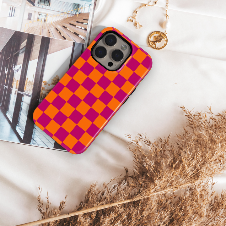 Magenta and Orange Checkered iPhone Case with White Monogram – MagSafe Compatible iPhone 16 Pro Max Case for Women
