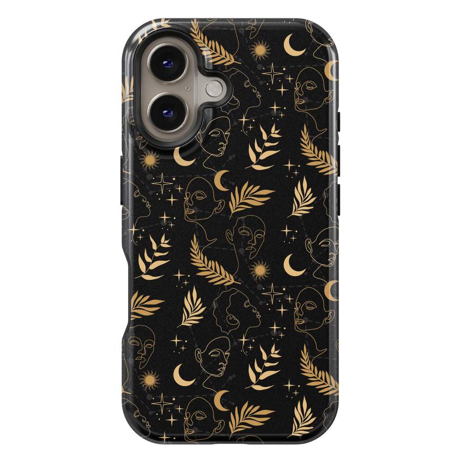Black and gold celestial iPhone case featuring abstract face line art, crescent moons, suns, stars, and botanical leaves – modern boho astrology aesthetic, compatible with iPhone 16, iPhone 15 Pro Max, Galaxy S24 Ultra, and MagSafe.