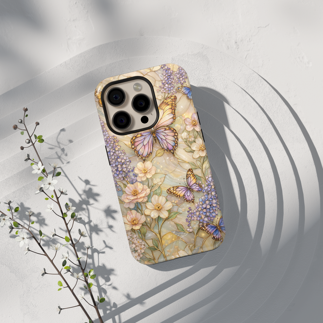 Elegant butterfly floral phone case with pastel flowers and gold botanical detailing, protective tough case for iPhone and Samsung Galaxy