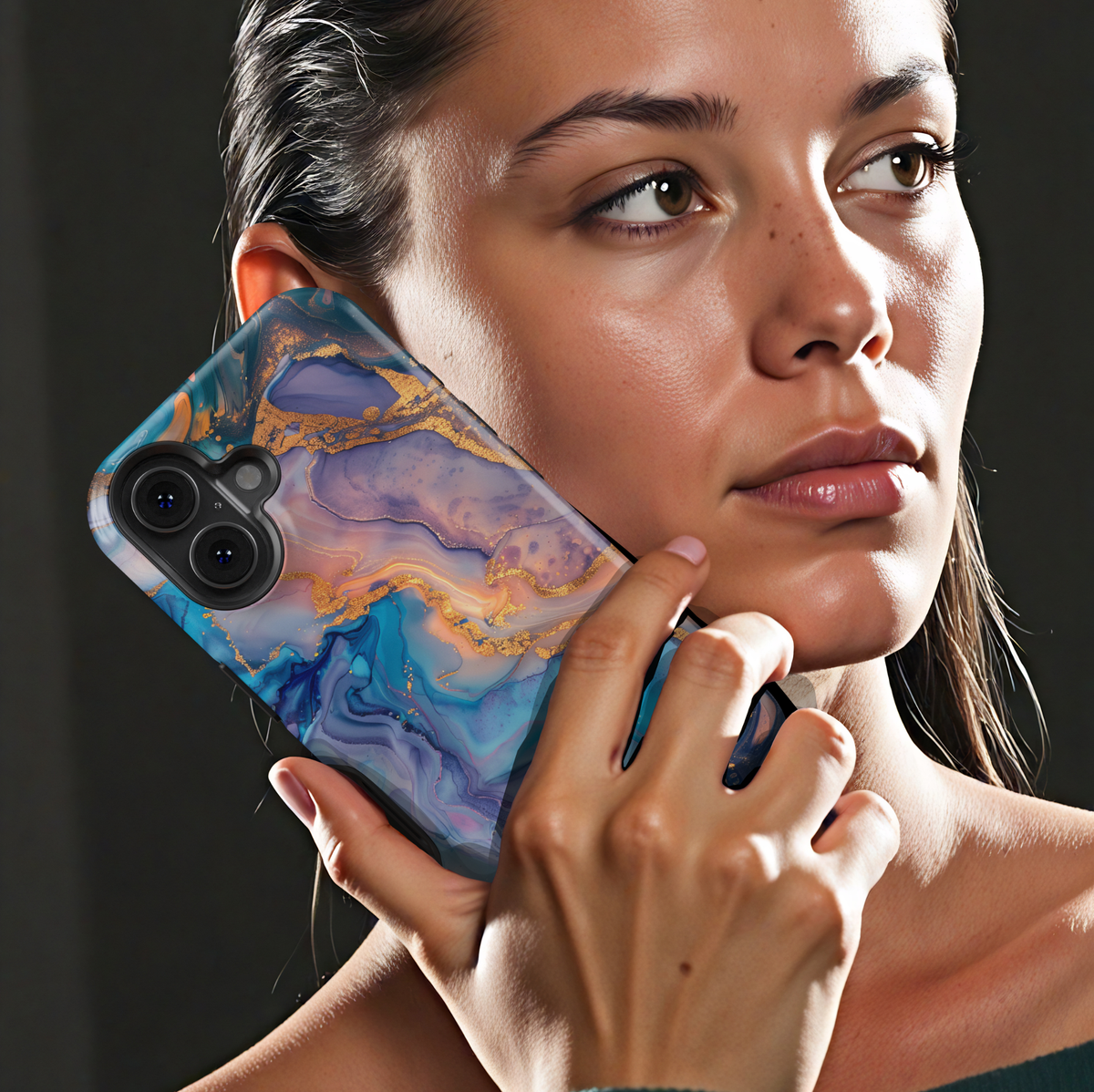 Personalized blue marble phone case with gold accents and custom name design
