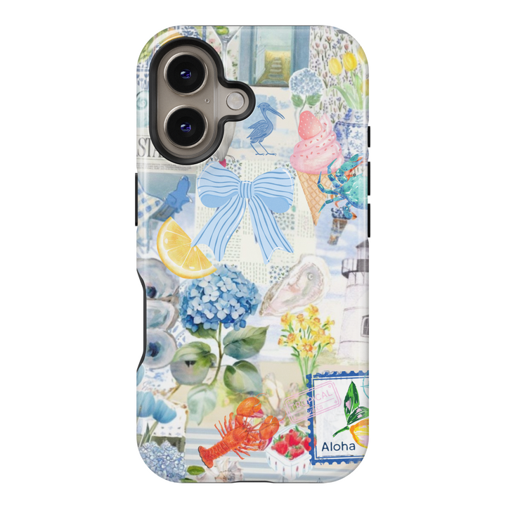 Aesthetic Blue Coastal iPhone Case Featuring Lemon, Bow, Hydrangea, Lobster, and Ice Cream – Summer Beach Collage Design for iPhone