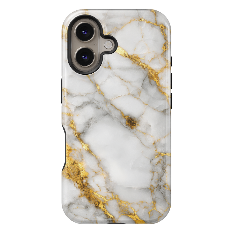 Elegant white marble iPhone case with gold vein accents – luxury stone design cover compatible with iPhone 16, 15, 14 Pro & Plus with MagSafe support.