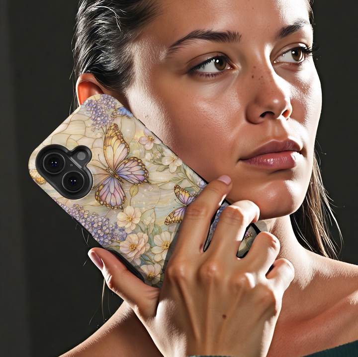 Elegant butterfly floral phone case with pastel flowers and gold botanical detailing, protective tough case for iPhone and Samsung Galaxy