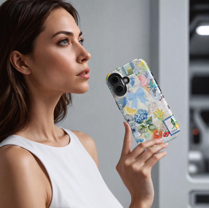 Aesthetic Blue Coastal iPhone Case Featuring Lemon, Bow, Hydrangea, Lobster, and Ice Cream – Summer Beach Collage Design for iPhone