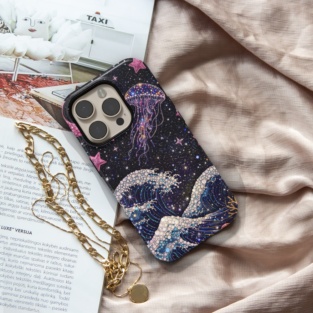 Galaxy wave phone case with glitter ocean design, pink stars and sparkling cosmic aesthetic tough case for iPhone and Samsung Galaxy