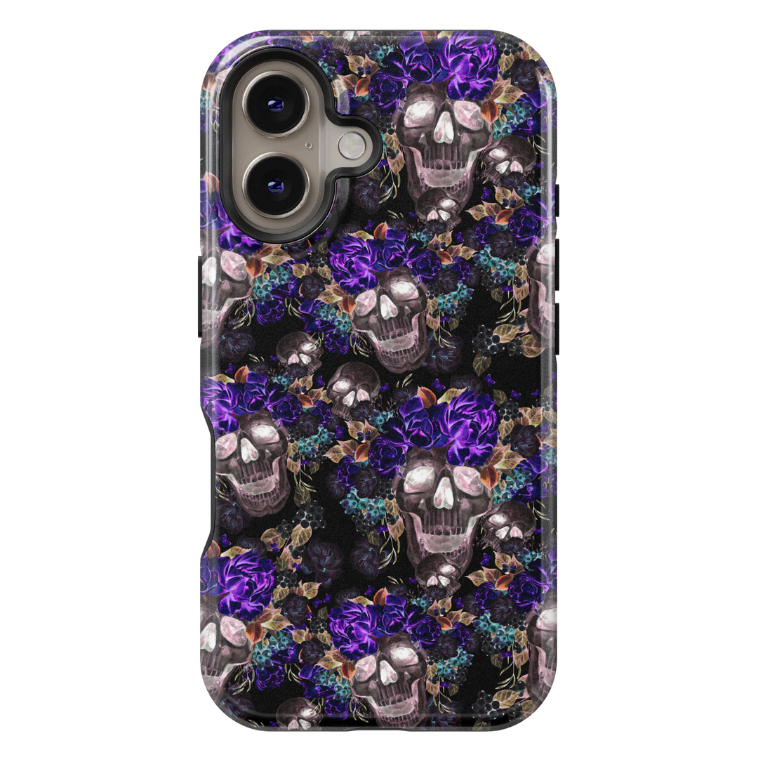 Halloween skull iPhone case with purple floral crown, black background, spooky dark roses, gothic fall theme, and eerie floral Halloween vibes.