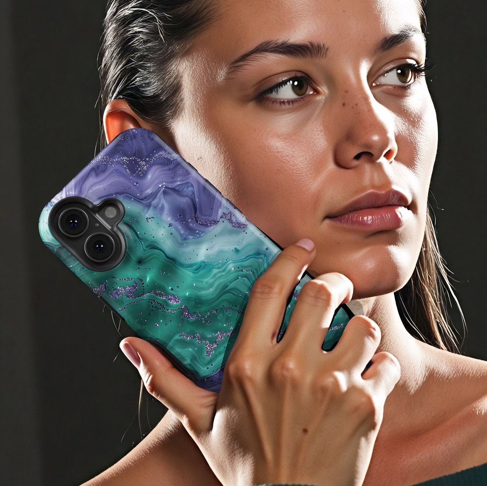 Emerald green marble phone case with purple accents and subtle shimmer texture