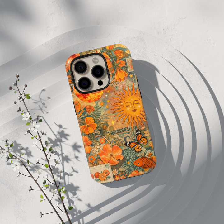 Boho sun and moon phone case with orange florals, butterfly and koi fish aesthetic tough case for iPhone and Samsung Galaxy